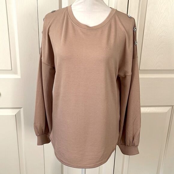 CUPIO Crystal Floral Detail On Shoulder Dressed Up Sweatshirt  Rounded Hem - Picture 1 of 10